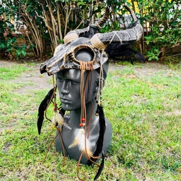 Gold Animal Skull OX Horned Feather Masquerade Halloween Cosplay Costume Mask - Picture 6 of 8